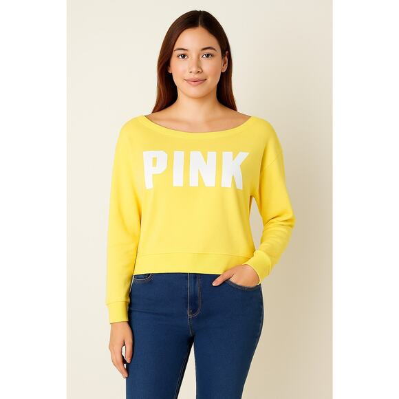 Victoria Secret PINK Sweatshirt XL Off Shoulder Tie Dye Yellow Pullover New - Picture 1 of 10